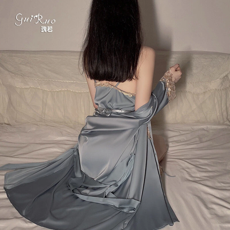 Women Lingerie Satin Lace Strap Slip Sleepwear Dress Robe Open Back Side Slit - Image 4 of 4