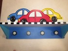 CHILDRENS CAR WOODEN WALL SHELF, WITH 4 HOOKS, ASSEMBLED,  # 102H
