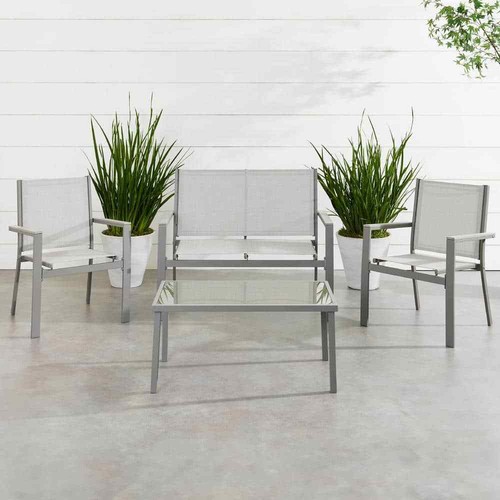 Gray 4-Piece Outdoor Gray Textilene Metal Patio Conversation Furniture Set w/ Lo - Picture 6 of 7