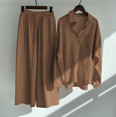 Ladies Shirt Pants 2 Piece Set Loose Solid Blouse Wide Leg Trousers Plus Size UK - Picture 20 of 21