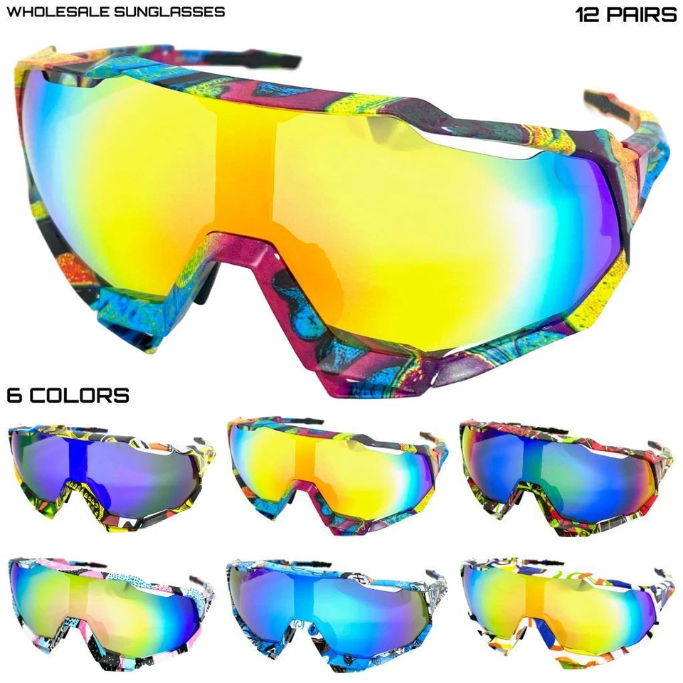 WHOLESALE LOT Men Oversized Retro Wrap Around Cycling Shield SUNGLASSES 12 Pairs