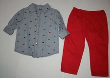 New Carter's 24m Boys 2 Piece Set Outfit Dino Blue Dress Shirt Top & Red Pants