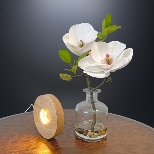 Real Touch 13 inch Artificial White Magnolia Flowers in Glass Vase and LED Base - Picture 2 of 7