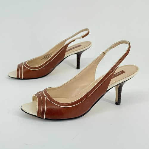 Jones New York Peep Toe Slingback Heels Size 7M Brown Cream Leather Y2K Retro - Picture 2 of 8