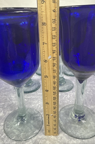 COBALT BLUE Hand Blown Goblet WITH CLEAR Stems~~Water/Wine/Iced Tea ~~Set of 8 - Picture 4 of 6