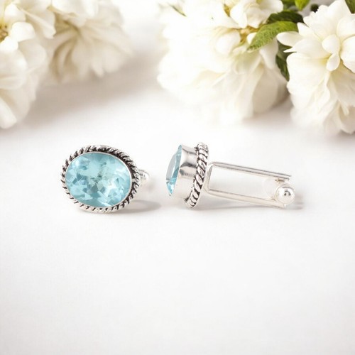 Sky Blue Topaz Gemstone 925 Sterling Silver Handmade Cufflink 0.6" For Wedding - Picture 4 of 6