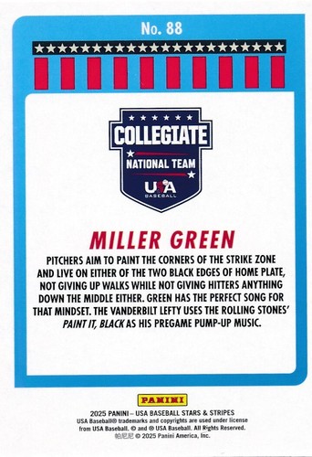 #88 MILLER GREEN 2025 Panini USA Stars & Stripes RC VANDERBILT - Picture 2 of 2