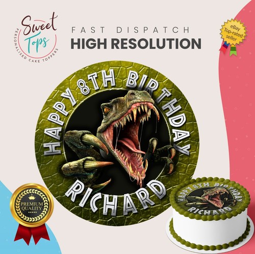 Dinosaur (Velociraptor) Personalised Round Edible Birthday Cake Topper Decoratio