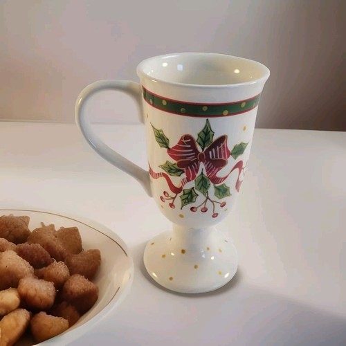 Sonoma Life Style Christmas Holiday Pedestal Mugs – Set of 3 with Ribbon & Holly - Picture 2 of 6