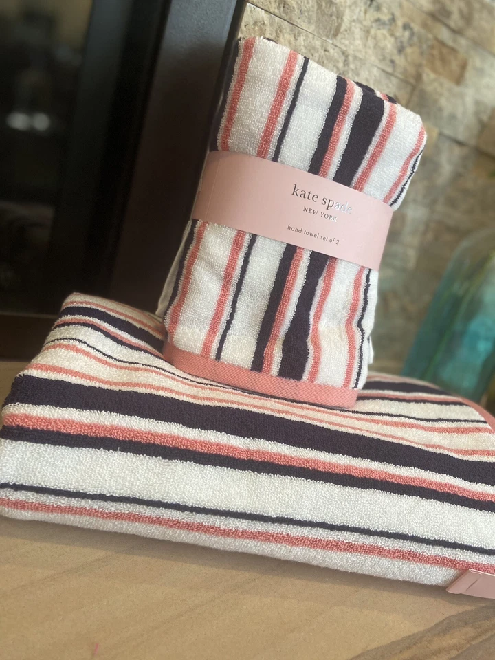 Kate Spade Coral Navy White Stripe One Bath Towel And 2 Hand Towels NWT - Image 4 of 4