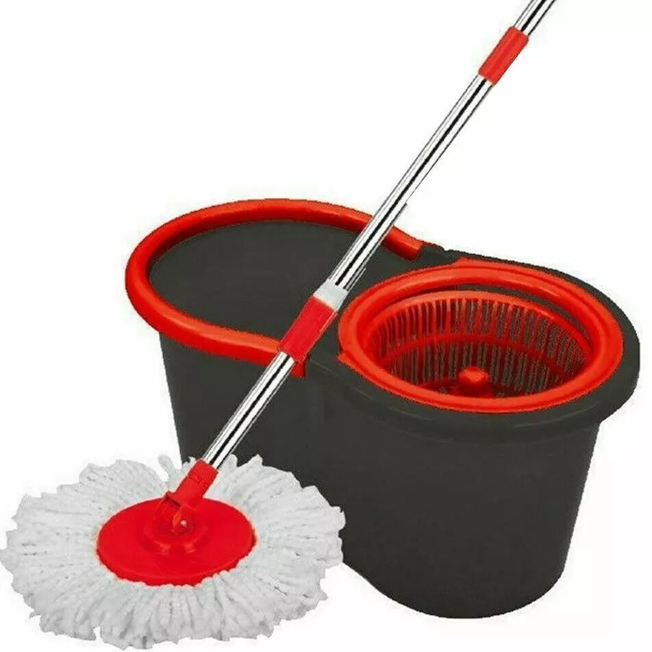 Black 360° Spin Mop with Bucket Set 2 Microfiber Cleaning Heads