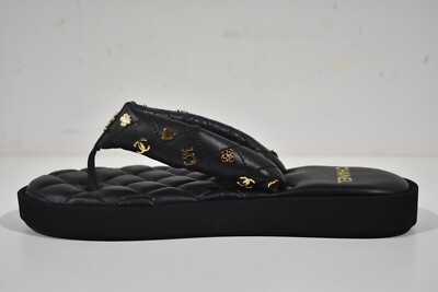 ♣︎CHANEL♣︎サンダル♣︎サイズ37♣︎ CHANEL CC LOGO BLACK OPEN TOE THONG CHAIN LEATHER FLAT SHOES