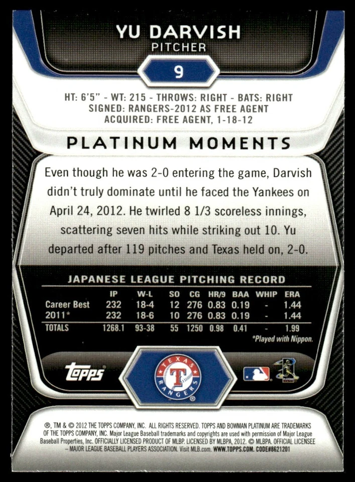 2012 Bowman Platinum Yu Darvish Rookie Texas Rangers #9 - Image 2 of 2