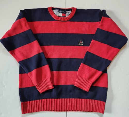 Tommy Hilfiger Vtg Red Navy Crest Logo Stripe Sweater Men's XL Knit - Afbeelding 1 van 13
