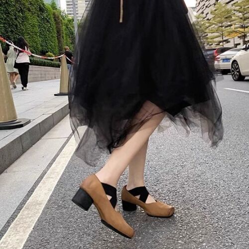 Women Square Toe Chunky Heels Shoes Retro Cross Strap Cowhide Spring Pump Shoes - Picture 3 of 34