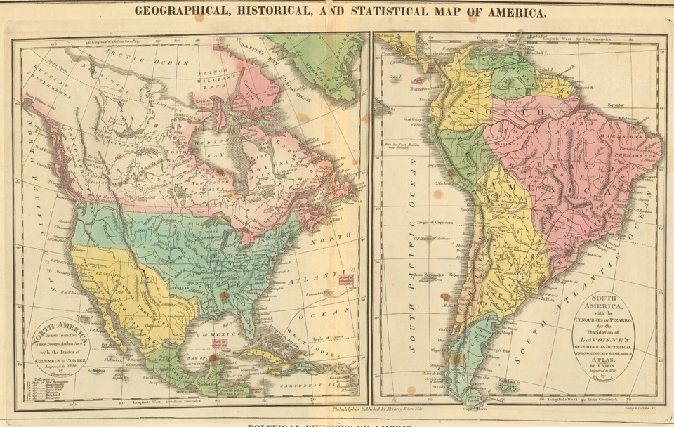 Mapa antiguo de América del Norte y del Sur de 1820 de Lavoisne ~ 21,8" x 17,6" coloreado a mano Foto 3 de 4