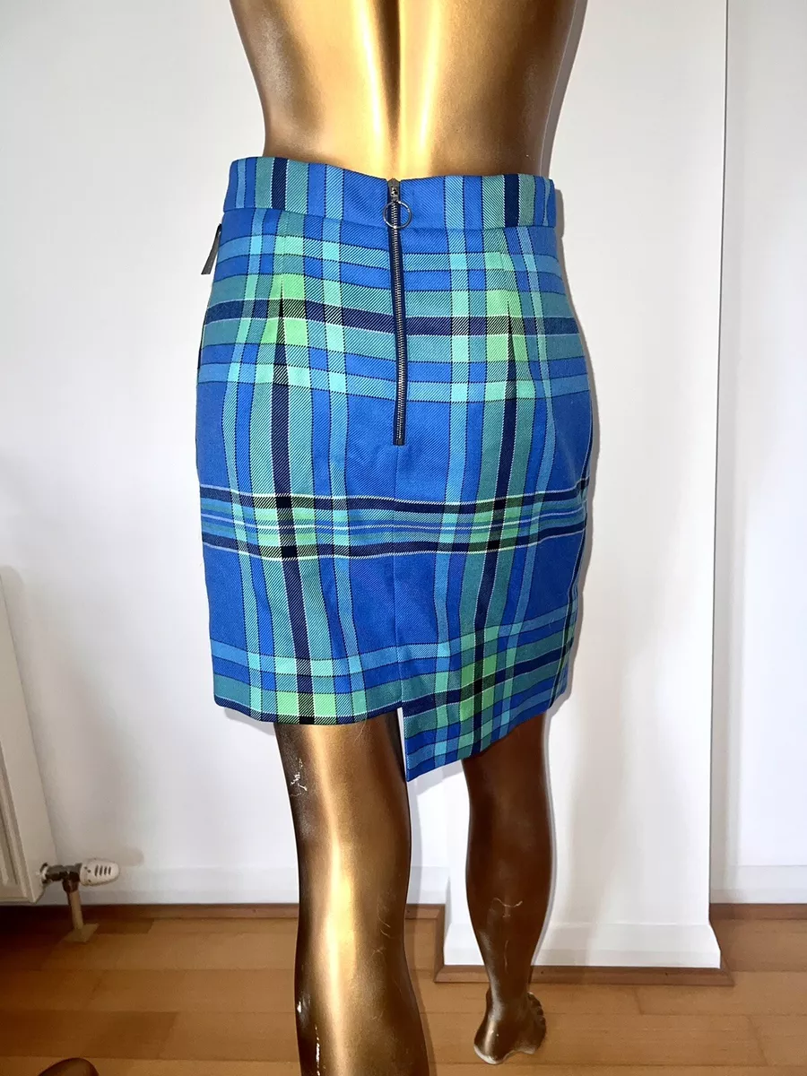 HOUSE OF HOLLAND KILT STYLE WOOL PLAID SKIRT blue green mini skirt 8 Eu36