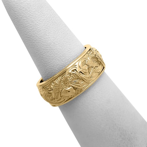 Solid 14K Yellow Gold Carp & Waves Ring 9mm Wide Band Koi Fish Japanese Ornament - Picture 5 of 11