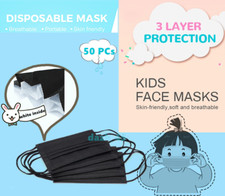  50Pcs For KIDS Children Disposable Face Mask 3-Ply Breathable Mouth Cover Black