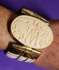 Vtg Large Tribal Couture Animal Bone & Brass Metal Statement Cuff Bracelet READ