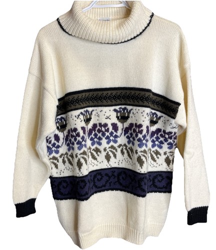 Vtg Sweater Woman’s Preppy Ski Floral Cow Neck Outdoor Classic Boho Sz 10 (Med) - Picture 1 of 5