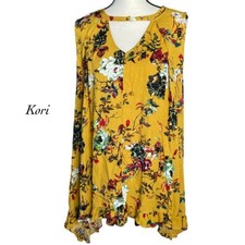Kori Mustard Floral Pockets Sleeveless Ruffle Hi Lo Hem Tunic NWT Size S