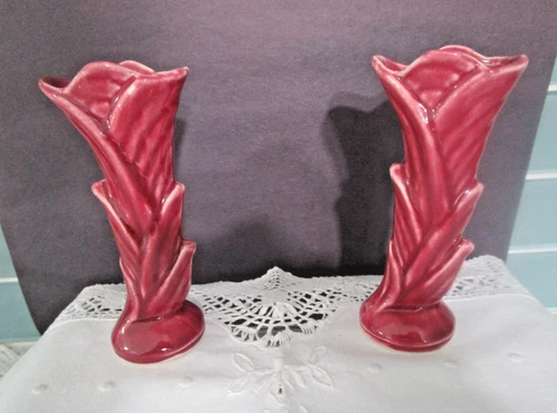 Vintage Art Pottery Set of 2 Miniature Shawnee Vases #1135 USA Rose Color