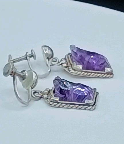 Orecchini Vintage Argento Sterling Pietra Preziosa Ametista Vite Viola Rane 8g - Foto 4 di 16