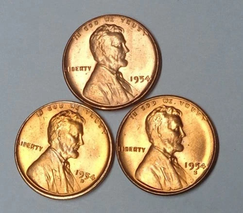 1954-P-D-S Trio Lincoln Wheat Penny Cent Red BU Uncirculated From Original Rolls