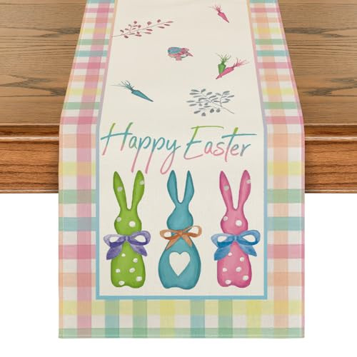  Green Blue Pink Buffalo Plaid Bunny Rabbit Happy Easter Table Runner, Kitchen  - Bild 1 von 6