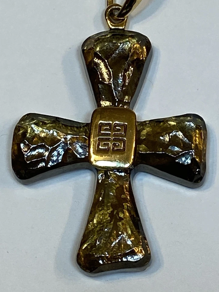 Givenchy Cross 1980's Vintage Gold Metal Necklace Pendant Amber Gripoix Glass - Image 2 of 4