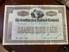 1950 SOUTH WESTERN RAILROAD STOCK CERTIFICATE MACON, GEORGIA (NOW CENTRAL OF GA)