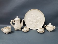 VTG Ivory Glazed Porcelain Kids Tea Set Gold Trim Embossed Roses - Footed