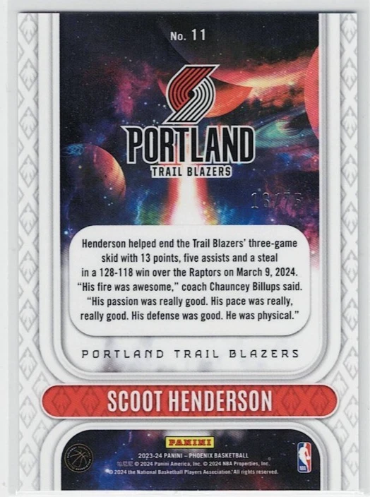 2023-24 Panini Phoenix Scoot Henderson #11 RC Purple Holo /75 - Blazers - Image 2 of 2