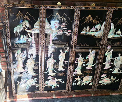 Japanese Black Lacquer MOP HP gold Inlaid Geishas Wall Panels Set of 4 C. 20th C