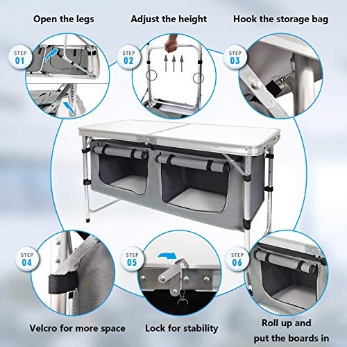 Outdoor Folding Table Aluminum Lightweight Height Adjustable with Storage - Picture 5 of 6