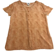 Sostanza Womens Silk Blouse Peach Rust Sz M Button Up Scoop Neck Short Sleeve