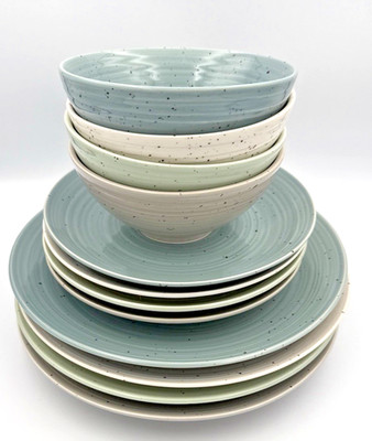 12 Pc Siterra Artist's Blend Sango Speckled Sage Blue Gray Cream Plates Bowls