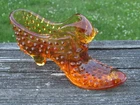 VINTAGE FENTON AMBER GLASS HOBNAIL CAT SLIPPER SHOE