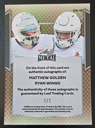 2025 Leaf Metal Matthew Golden Ryan Wingo Dual Auto Red 1/1 Texas Longhorns - Picture 2 of 2