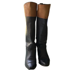 Vtg Two Tone Leather Riding Boots Black Brown Duo by Blue Beard Heeled Sz 7.5 M