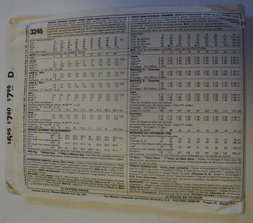 McCalls 3245 Misses Unlined Jacket Skirt Shirt Pants Size 8 Sewing Pattern - Picture 2 of 2