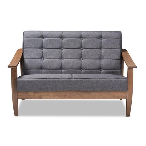 Baxton Studio Larsen Tufted Fabric and Wood Loveseat in Gray and Walnut Brown - Picture 2 of 9