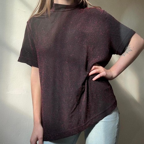 Vintage Appàrenza Black Red Sparkle Mock Neck Y2K Shirt 90s 00s NYE - Picture 2 of 9