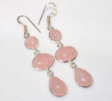 925 Silver Plated Long Rose Quartz Earrings 2.5" Eye Catching Design Trendy GW