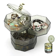 4-Tier Rotatable Jewelry Storage Box, Transparent Drawer Organizer for Cosmetics