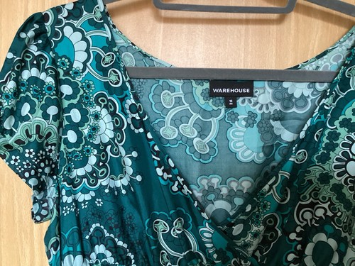 WAREHOUSE PURE SILK JADE FLORAL DRESS 16 L XL 42 44 - Picture 2 of 11