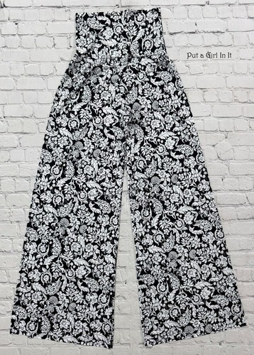 Neu USA Jup Damen-Palazzohose hoher Bund schwarz Blumenmuster Boho seidig S M L Y2K - Bild 3 von 3