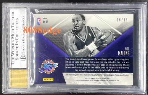 2013-14 SPECTRA SPECTACULAR SWATCH AUTO: KARL MALONE #6/15 AUTOGRAPH JAZZ BGS 9 - Picture 2 of 3
