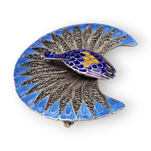 Broche de filigrana de pavo real de ley esmalte de oro azul plata 925 vintage de 1,75" de ancho - Imagen 3 de 12